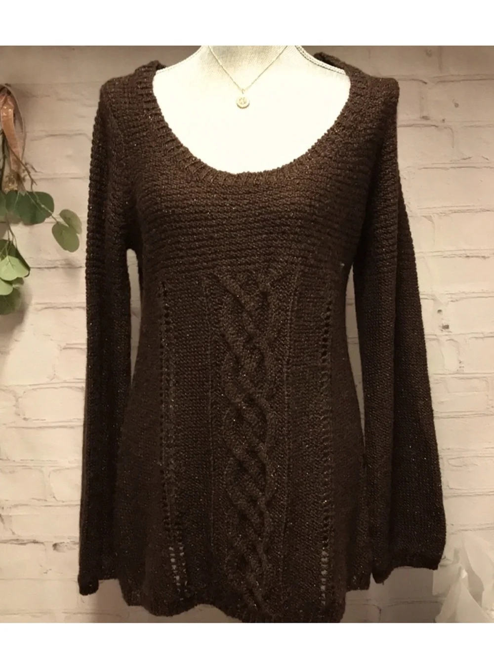 Raisey Brown Wool Blend Cable Knit Babydoll Sweater Shimmer Size Large Y2K Fall